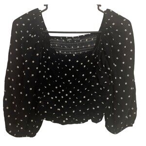 Womens Zara B&W Polka Dot Babydoll Ruched Cropped Puff Sleeve Top‎ Sm Coquette